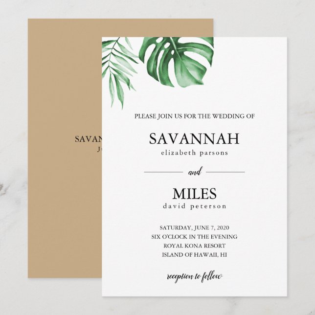 Den tropiska bröllopsinbjudan till handflatan löv inbjudningar (Fram/baksida)