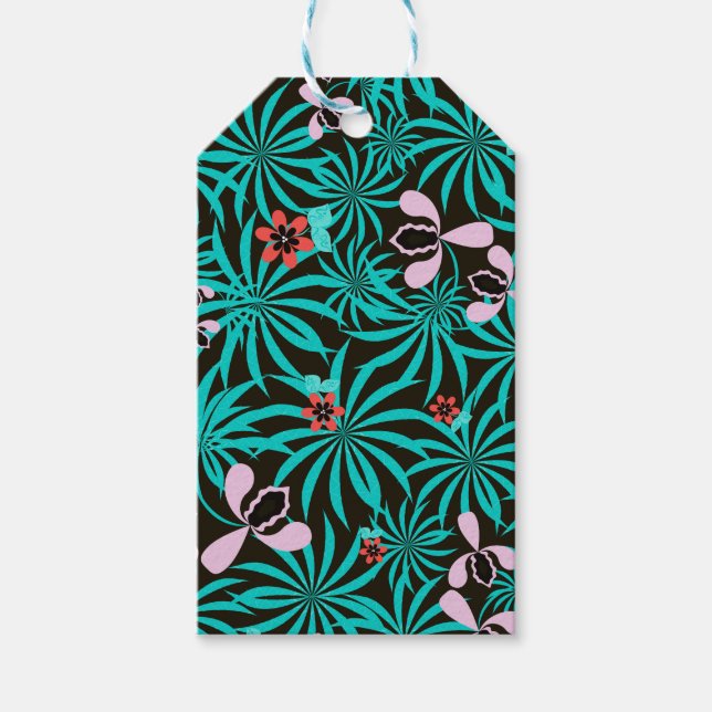 Den tropiska djungeln handflatan löv orkidéblommor presentetikett (Framsidan)