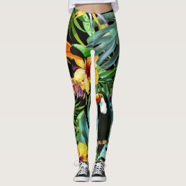 Den tropiska grönskahandflatan lämnar blom- Toucan Leggings