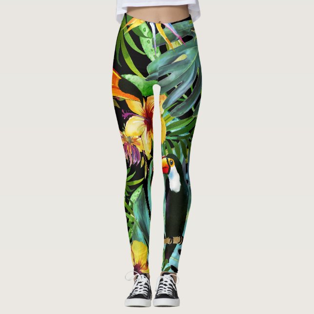 Den tropiska grönskahandflatan lämnar blom- Toucan Leggings (Framsida)