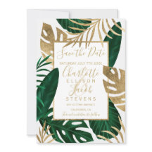 Den tropiska grönten löv guld spara datumet bröllo