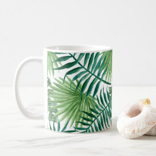 Den tropiska handflatan lämnar vattenfärg kaffemugg