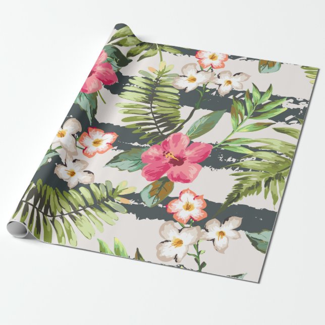 Den tropiska hibiskusen blommar lövrandmönster presentpapper (Utrullad)