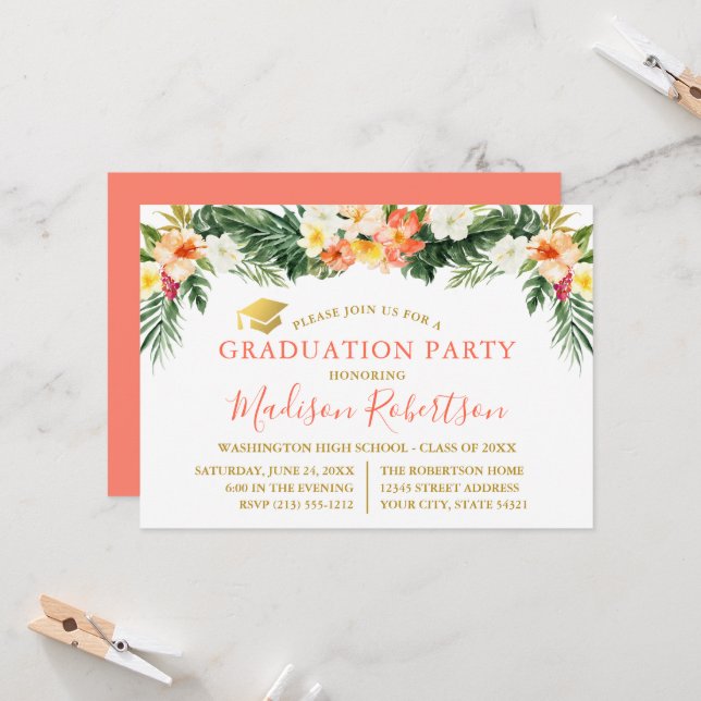 Den tropiska korallfärgskorallen Blommigt Guld Gra Inbjudningar (Fram/Back In Situ)