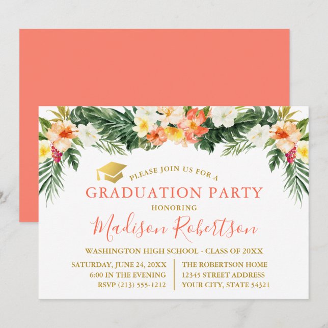 Den tropiska korallfärgskorallen Blommigt Guld Gra Inbjudningar (Fram/baksida)