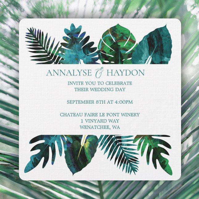 Den tropiska Löv Teal-Grönten Monstera Löv Bröllop Inbjudningar (tropical teal green island leaves wedding invitations, vibrant monstera leaves, ferns, & palm leaves)