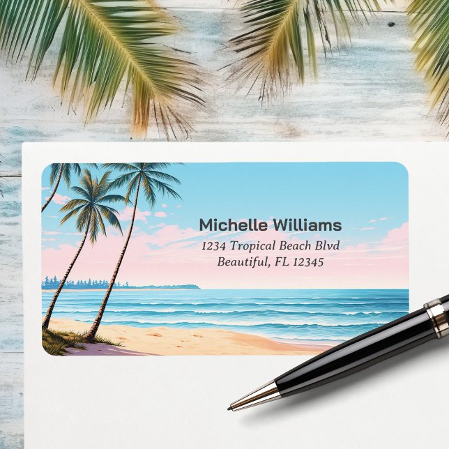 Den tropiska Returadressen Beach och Handflatan Tr Adressetikett (Beach and Palm Trees Tropical Return Address Label)
