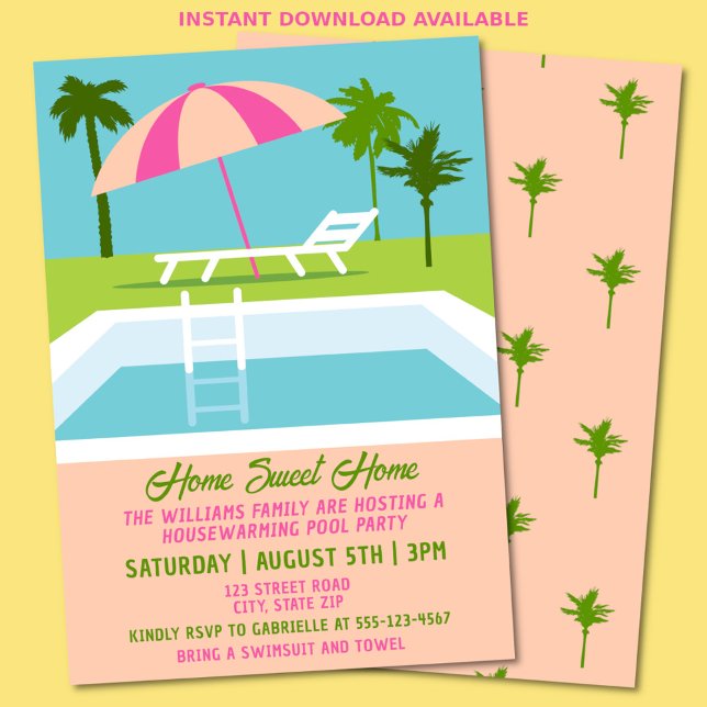 Den tropiska simningen av Party i Bassäng vid Bass Inbjudningar (Tropical housewarming pool party invitation)