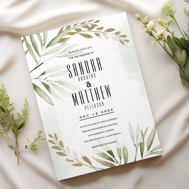 Den tropiska vita grönten guld glitter löv Bröllop Inbjudningar (Tropical white green gold glitter leaves Wedding)