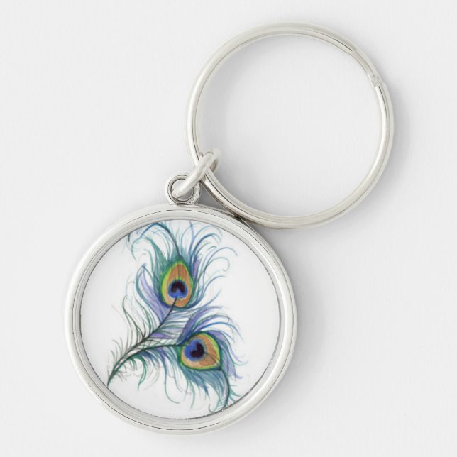 Den tvilling- påfågelfjädern ritar dra Keychain Rund Silverfärgad Nyckelring (Framsidan)