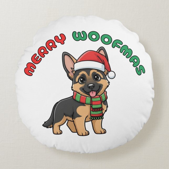 Den tyska julherden: Merry Woofmas Rund Kudde (Framsidan)