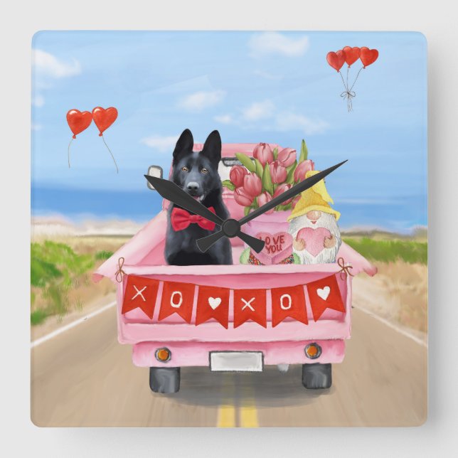 Den tyska Shepherd Hund Valentine Day Lastbil Hear Fyrkantig Klocka (Framsida)
