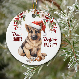 Den tyska Shepherd-Valpen Define Naughty Jul Julgransprydnad Keramik