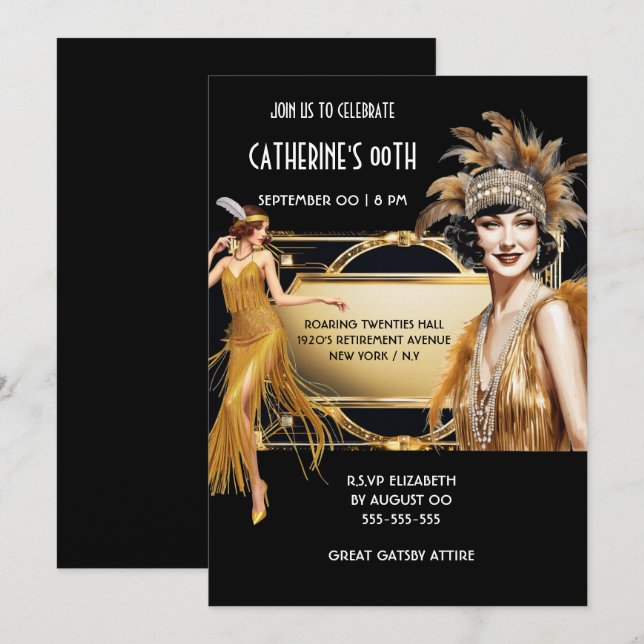 Den Underbara Gatsby flapper-flickorna svarta guld Inbjudningar (Fram/baksida)
