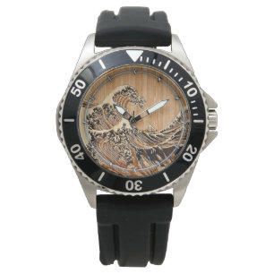 Den Underbara Hokusai-vågen Bamboo Wood Stil-accen Armbandsur
