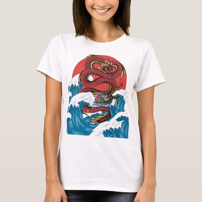 Den Underbara kanagawa-vågen Red Dragon Japanska R T Shirt (Framsida)