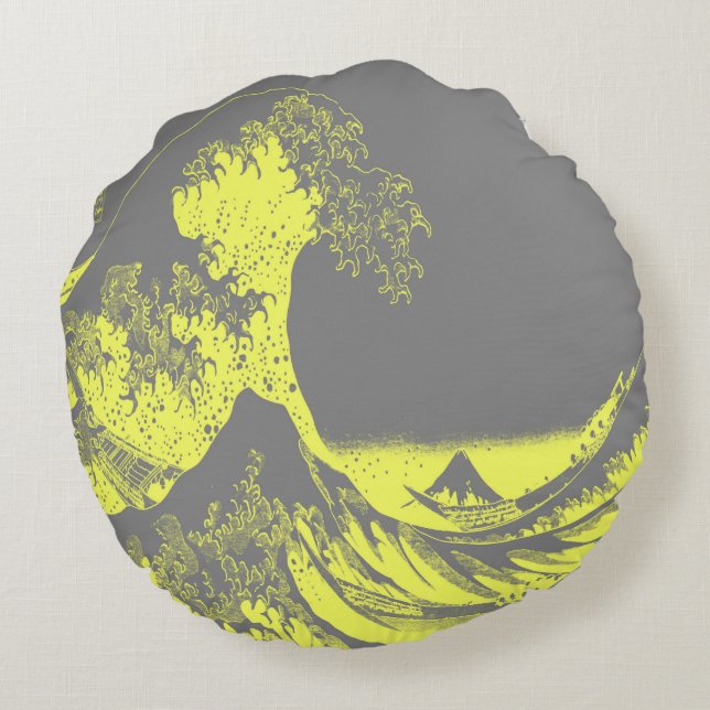 Den Underbara vågans Gult och Gråttets runda fylln Rund Kudde (Baksidan)