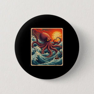 Den Underbara vågen av Kanagawa Octopus Retro Anim Knapp