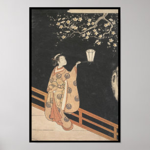 Den unga kvinnan som beundrar plommonet, blomstrar poster