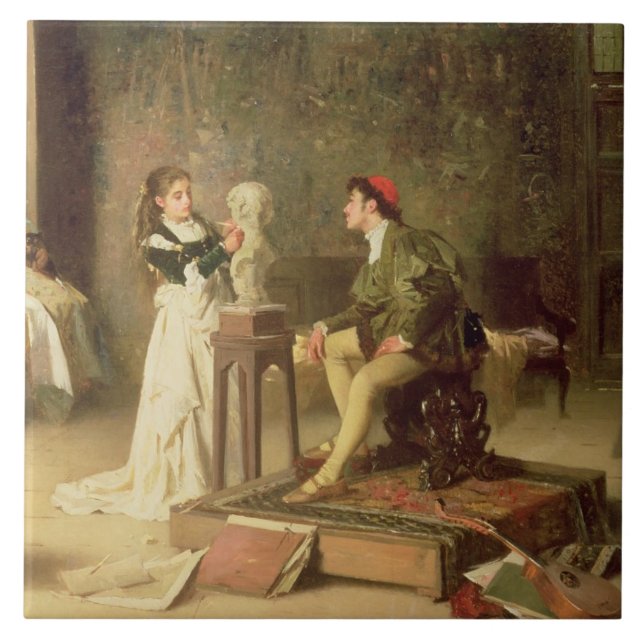 Den unga sculptressen (olja på kanfas) kakelplatta (Framsidan)