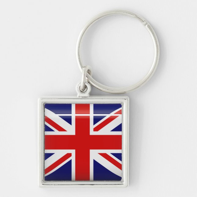 Den United Kingdom flagga knäppas Keychain Fyrkantig Silverfärgad Nyckelring (Framsidan)