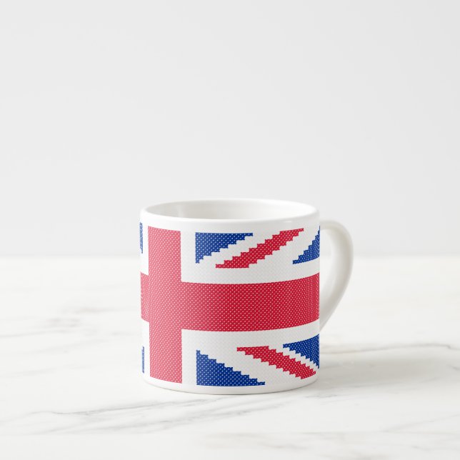 Den ursprungliga kor-stygn designen Union Jack Espressomugg (Framsida höger)