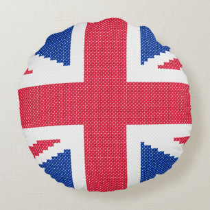 Den ursprungliga kor-stygn designen Union Jack Rund Kudde