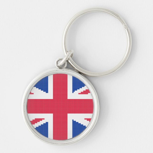 Den ursprungliga kor-stygn designen Union Jack Rund Silverfärgad Nyckelring (Framsidan)