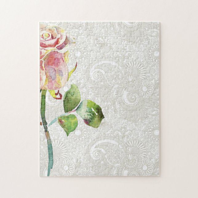 Den utsmyckade blommönstret med rosa vattenfärg pussel (Vertikal)