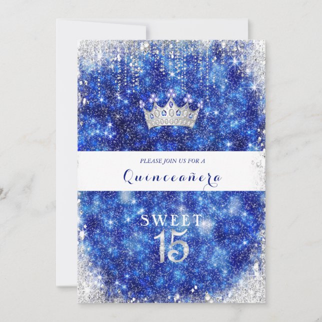 Den vackra blå Gnistran Glitter Quinceanera Krona Inbjudningar (Framsida)