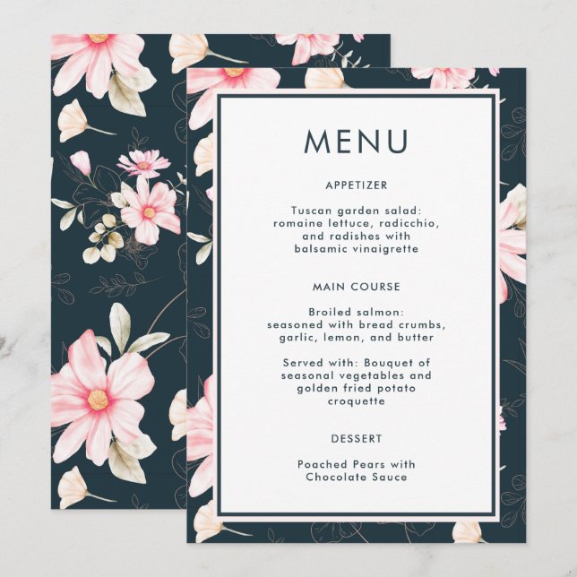 Den vackra blåa  Blommigten Bröllop Menu (Fram/baksida)