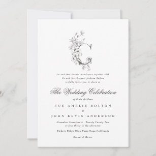Den vackra Blommigten "C" Monogram Sketched Bröllo Inbjudningar