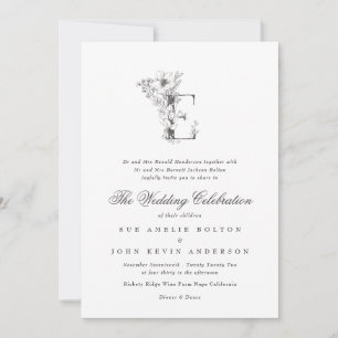 Den vackra Blommigten "E" Monogram Sketched Bröllo Inbjudningar