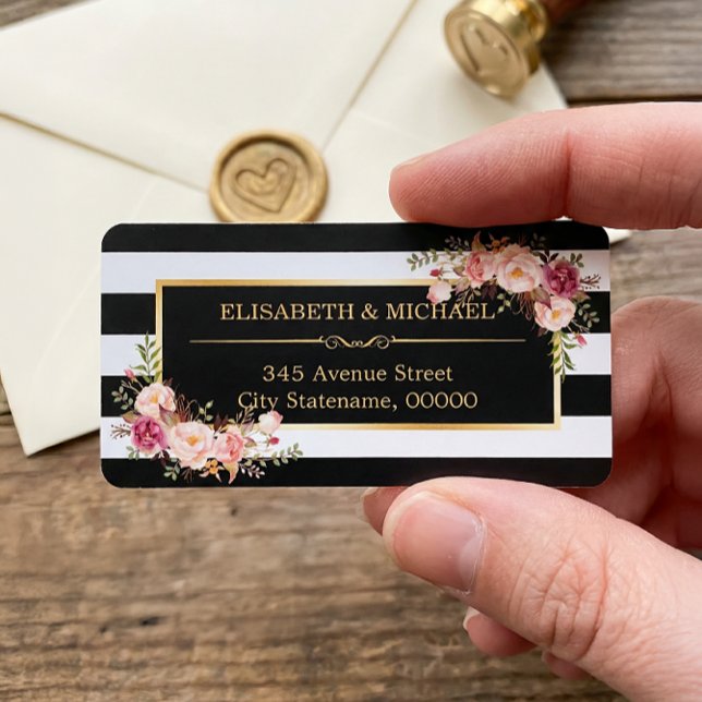 Den vackra Blommigten Guld Decor Black White Rand Adressetikett (Skapare uppladdad)