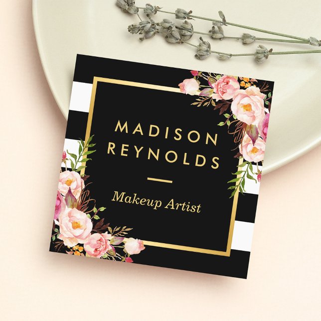 Den vackra Blommigten Guld Ram Black White Rand Fyrkantigt Visitkort (Skapare uppladdad)