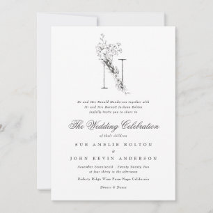 Den vackra Blommigten "N" Monogram Sketched Bröllo Inbjudningar