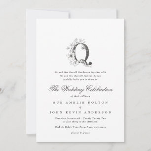 Den vackra Blommigten "Q" Monogram Sketched Bröllo Inbjudningar