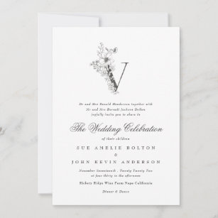 Den vackra Blommigten "V" Monogram Sketched Bröllo Inbjudningar