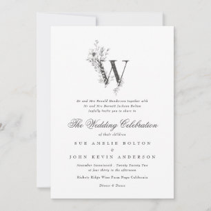 Den vackra Blommigten "W" Monogram Sketched Bröllo Inbjudningar