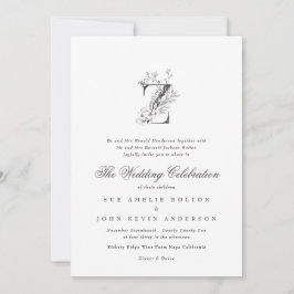 Den vackra Blommigten "Z" Monogram Sketched Bröllo Inbjudningar