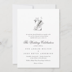 Den vackra Blommigten "Z" Monogram Sketched Bröllo Inbjudningar