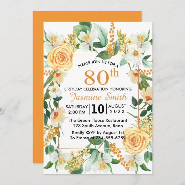 Den vackra Blommigtens Orange 80:e Födelsedagsfest Inbjudningar (Fram/baksida)