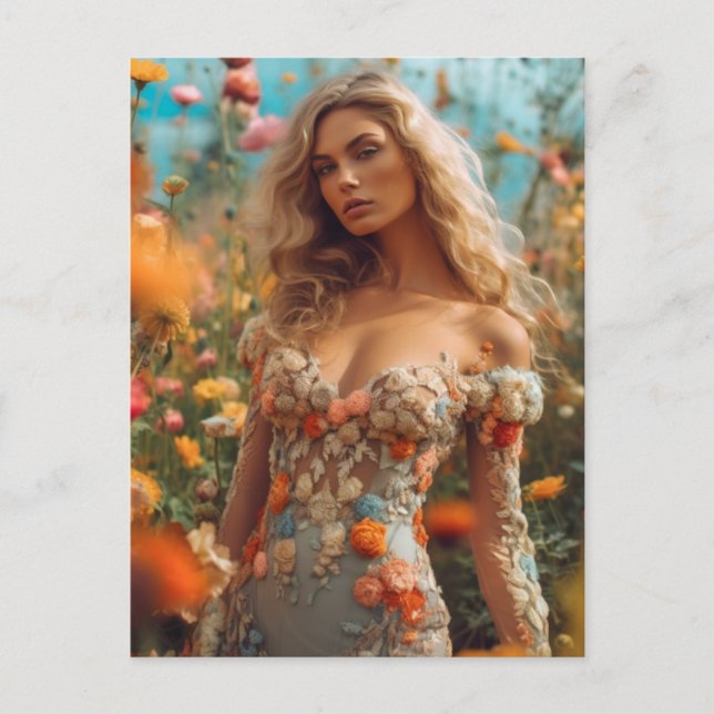 Den vackra Blonde Woman i en Blommigt Dress Vykort (Framsida)