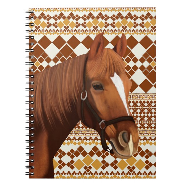 Den vackra bruna hästen på Earthy Geometric Mönste Anteckningsbok (Framsidan)