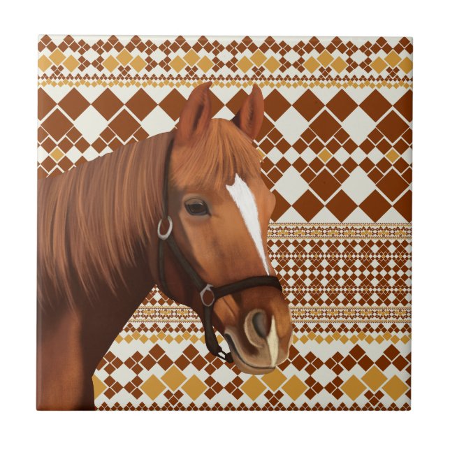 Den vackra bruna hästen på Earthy Geometric Mönste Kakelplatta (Framsidan)
