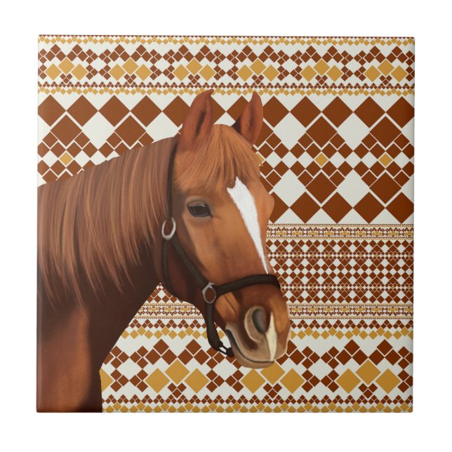 Den vackra bruna hästen på Earthy Geometric Mönste Kakelplatta (Framsidan)