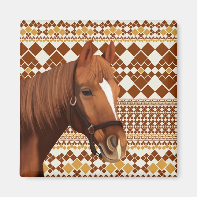 Den vackra bruna hästen på Earthy Geometric Mönste Magnet (Framsidan)