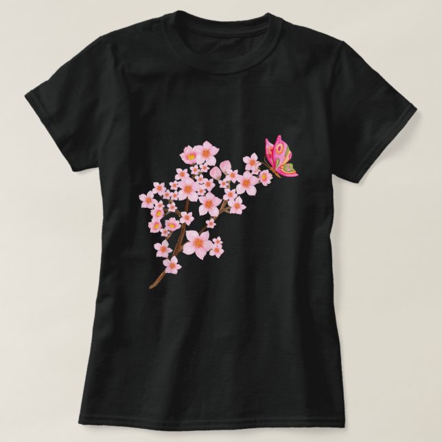 Den vackra Butterfly Japanska Cherry Blommar Sakur T Shirt (Design framsida)