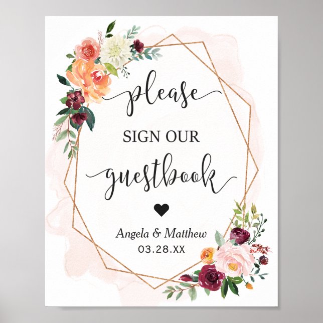 Den vackra Chicen Blommigt Ram Guestbook Bröllop-s Poster (Framsidan)
