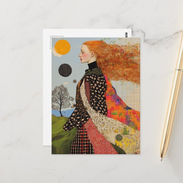 Den vackra Dam med Red Hair Collage Vykort (Fram/Back In Situ)